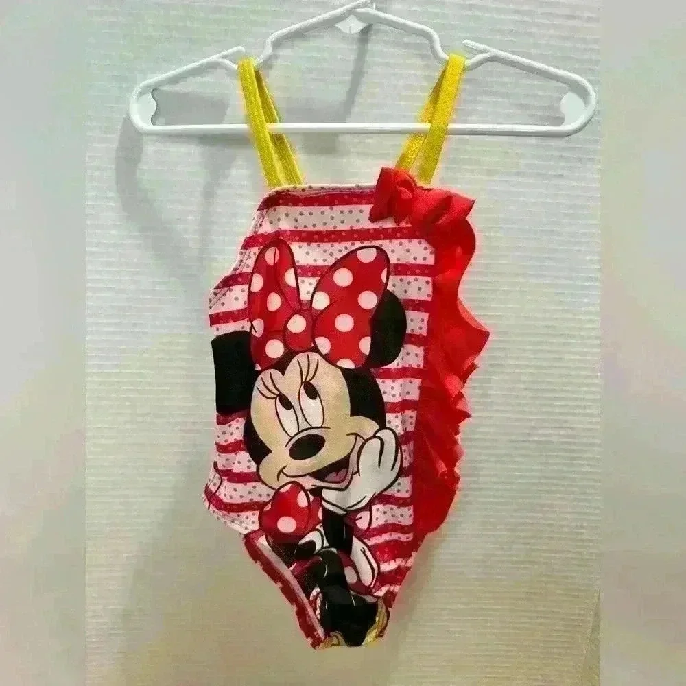 Disney Minnie Mouse Swimsuit Red White Stripe & Polka Dots Girls Size Toddler 2T - Picture 1 of 3